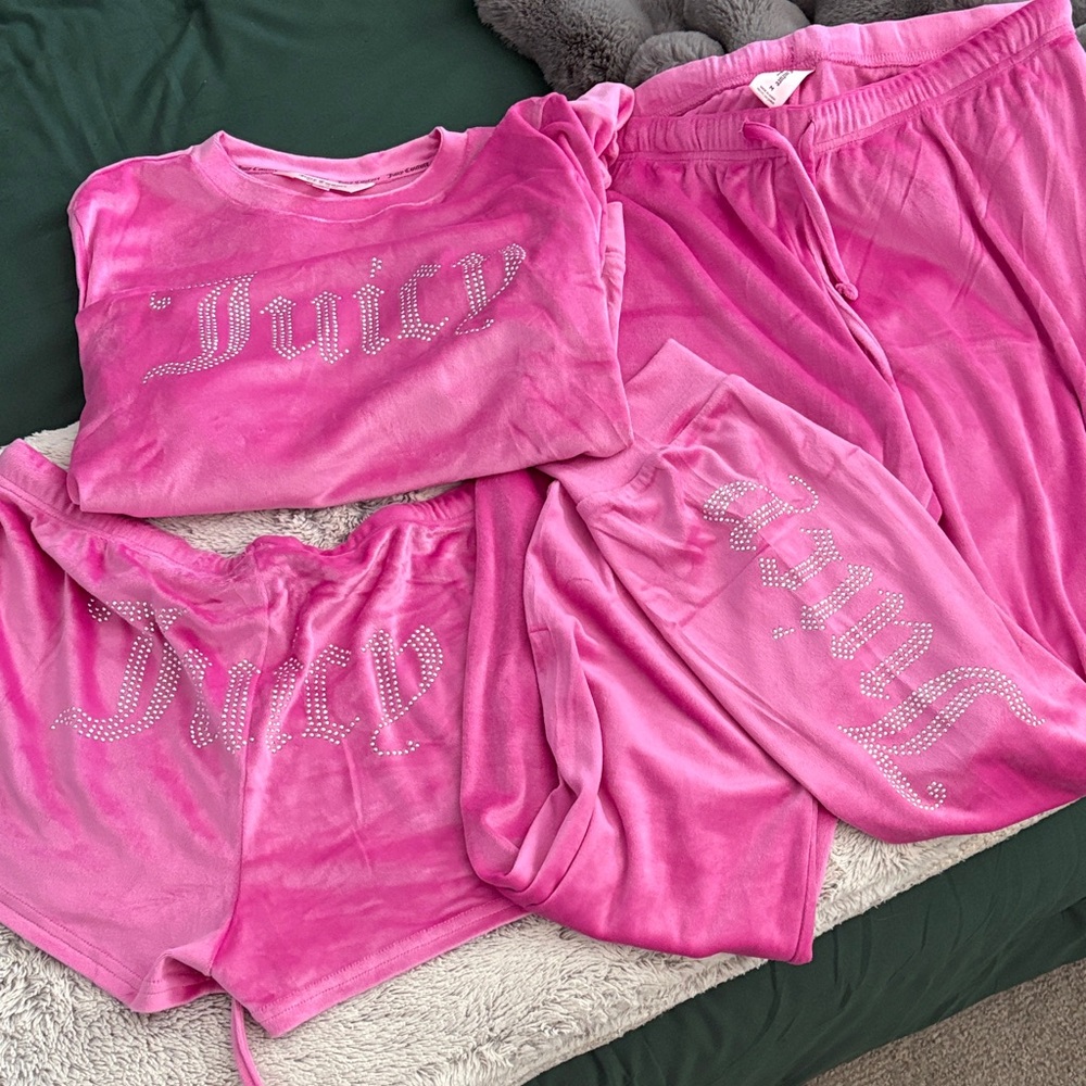 Juicy Couture Hot Pink Velour 3-Piece Pajama Set with Rhinestone Logo